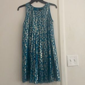 Metallic and teal mini swing dress.